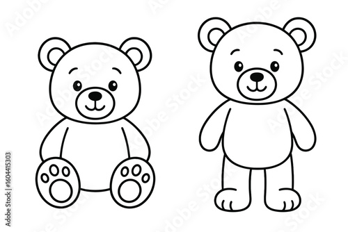Cute teddy bear outline for coloring book page. Vector illustration of sitting and standing toy bears for kids crafts, preschool and educational projects. Simple line art.