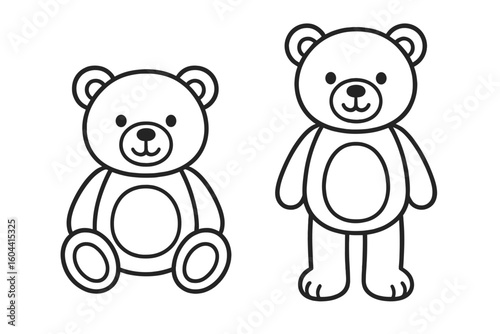 Cute sitting and standing teddy bear outline icon set. Simple black and white line art character for kids coloring book page, educational projects, or children's crafts.