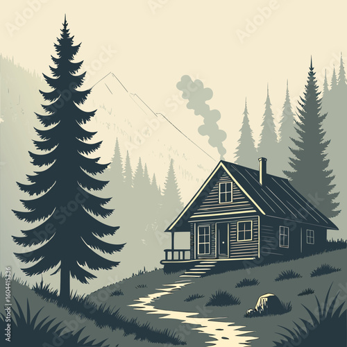 Illustration of a cabin in the woods. Smoke billows from the chimney
