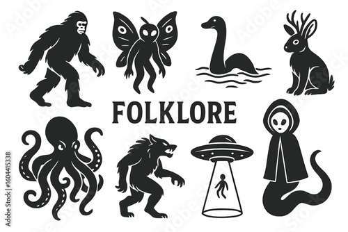 Folklore Creatures and Mythical Beasts Vector Set – Bigfoot, Mothman, Loch Ness Monster, Jackalope, Cthulhu, Werewolf, Alien Abduction, Hooded Serpent Hybrid – Transparent Background