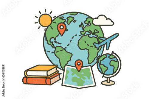 Travel and education concept vector illustration. Globe with airplane flight path, map, and books. For geography, global tourism, study abroad, trip planning, infographics.