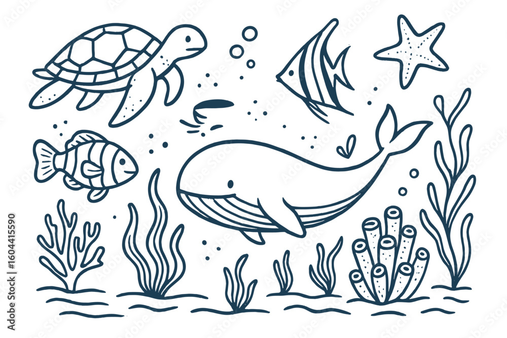 Fototapeta premium Sea animals doodle set. Hand drawn underwater life collection with whale, turtle, clownfish, angelfish, starfish, coral. Marine ocean nature vector line art cartoon.