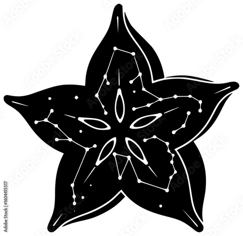 Black Silhouette Vector Icon Logo Illustration of Starfruit Glowing in Rainforest Moonlight with Ninja Constellation Hummingbird and Stardust Orbit in Tropical Cosmic Surreal Nature Scene