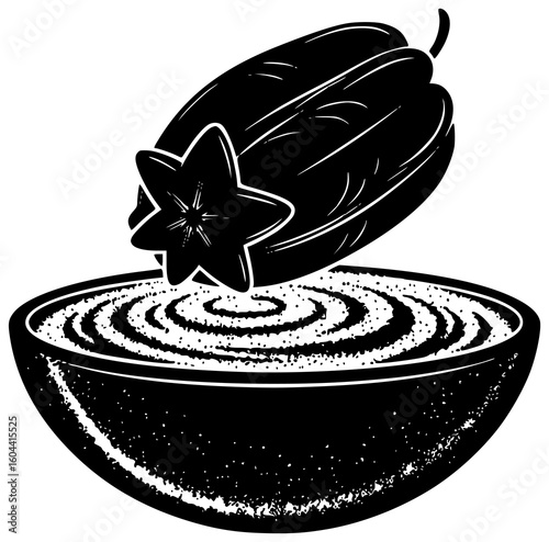 Black Silhouette Vector Icon Logo Illustration of Starfruit Glowing in Rainforest Moonlight with Ninja Constellation Hummingbird and Stardust Orbit in Tropical Cosmic Surreal Nature Scene