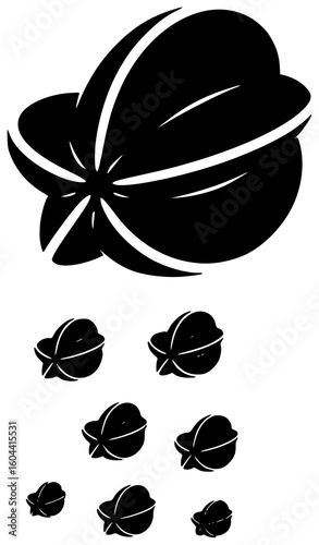 Black Silhouette Vector Icon Logo Illustration of Starfruit Glowing in Rainforest Moonlight with Ninja Constellation Hummingbird and Stardust Orbit in Tropical Cosmic Surreal Nature Scene