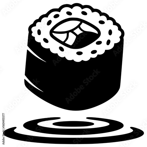 Black Silhouette Vector Icon Logo Illustration of Sushi Glowing Under Bioluminescent Light Floating on Bamboo Plate Unraveling Dragon with Laser Chopsticks in Misty Pond and Soy Sauce