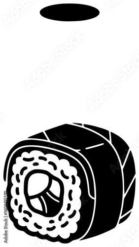 Black Silhouette Vector Icon Logo Illustration of Sushi Glowing Under Bioluminescent Light Floating on Bamboo Plate Unraveling Dragon with Laser Chopsticks in Misty Pond and Soy Sauce