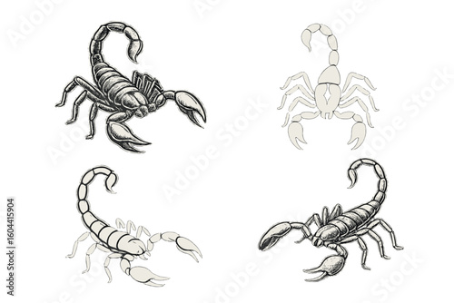 Realistic and stylized scorpion vector illustration set, black and white engraving style, dynamic poses, isolated on transparent background for logo, tattoo, mascot, design projects