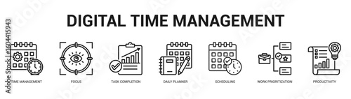 Digital Time Management Modern and clean web banner illustration featuring thematic icons for visual communication