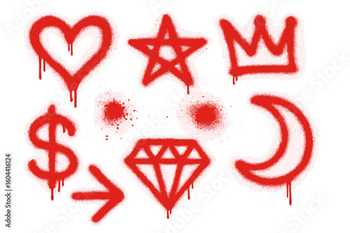 Urban spray paint drips with bold graffiti symbols including red heart, star, crown, dollar sign, arrow, diamond, moon, and splatter in edgy stencil street art vector design