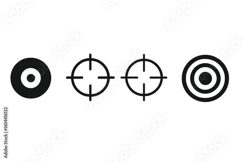 Bullseye Target and Crosshair Vector Icon Set for Precision, Accuracy, Aim, and Focus Concepts, Isolated Black and White Modern Symbols for Shooting, Dart Game, Archery, Military or Sport Design