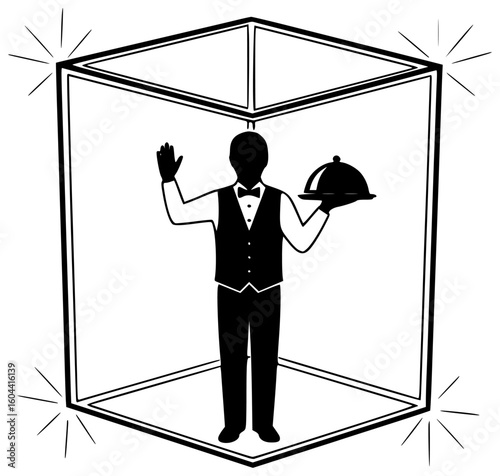 Black Silhouette Vector Icon Logo Illustration of Waiter Skating Balancing Flaming Plates in Circus Diner with Floating Tables Talking Animals and Holographic Restaurant in Magical Motion Scene
