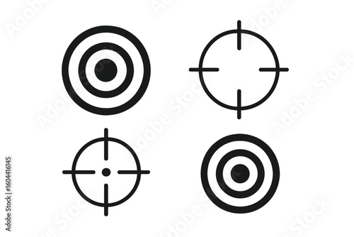 Bullseye Target Icons Set, Crosshair Symbols, Shooting Range Aim Signs, Precision Focus Marks, Accuracy Concepts, Vector Illustration, Isolated on Transparent Background, Sport Game Goal Design