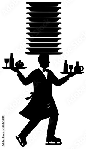 Black Silhouette Vector Icon Logo Illustration of Waiter Skating Balancing Flaming Plates in Circus Diner with Floating Tables Talking Animals and Holographic Restaurant in Magical Motion Scene