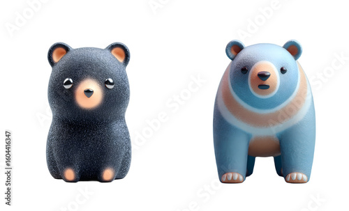 Two cute bear figurines stand side-by-side. Plush cartoons, adorable mascots, animal figures, cartoon figures, blue and black, soft, cuddly.