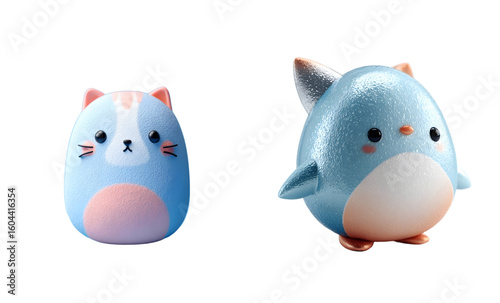 Pack of cute cartoon cat and bird figurines. Whimsical, adorable animals, plush cartoons, pastel, soft, fuzzy, children's, playful, gentle, sweet.