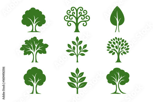 Green tree and leaf icon set, nine stylized botanical silhouettes for eco-friendly nature logos, forest conservation badges, organic garden branding, environmental decoration, isolated vector on white