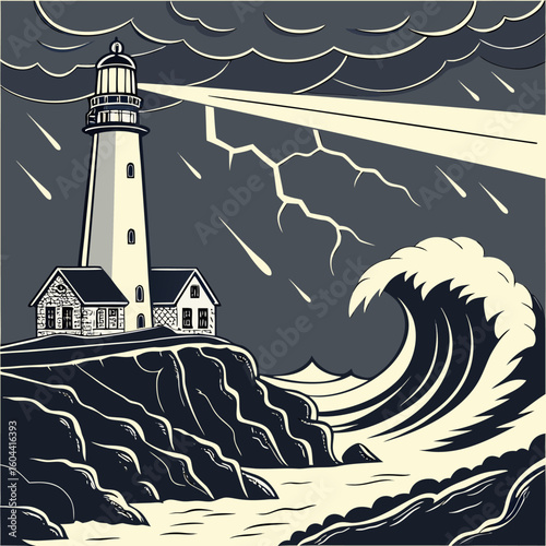 A vector image shows a lighthouse and adjacent building on a rocky outcrop during a storm.