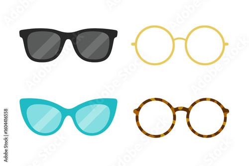 Vector set of glasses. Collection of fashion eyeglasses and sunglasses icons. Modern and retro optic spectacles. Hipster, cat eye, classic style. Eye wear accessory design.