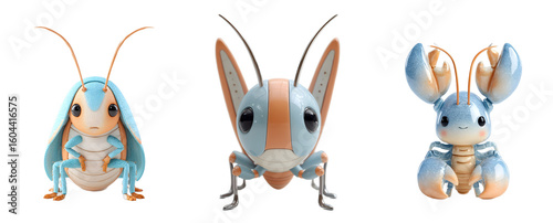 Pack of cute cartoon bug figures, whimsical characters.  Adorable, pastel, plush, insects, mascot, animal, digital art
