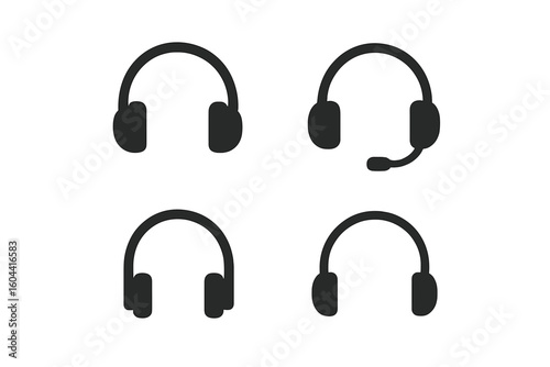 Headphone icon set. Minimalist vector collection of audio symbols. Includes headset with microphone for call center, support, or gaming. Simple flat black silhouette design.