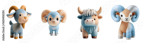 Pack of cute cartoon ram and bull characters stand. Adorable, soft toys, kawaii, animal, plush, zodiac, cartoon, farm, happy, fluffy.