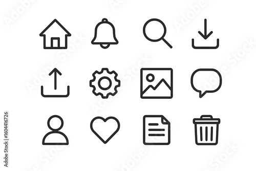 Modern universal line icon set for web and mobile apps. Editable vector symbols for user interface design. Includes home, search, like, and profile icons.