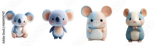 Pack of cute blue cartoon animals stand. Koala, mouse, kawaii, soft, plush, happy, mascot, cartoon, playful, adorable, digital art, 3d render.