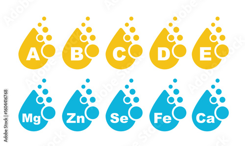 Vitamin B1, B, C, A, D, E, Ca, Zn, Mg, Se, Fe, Ca, vector. Set of Multi Vitamin, complex icons.