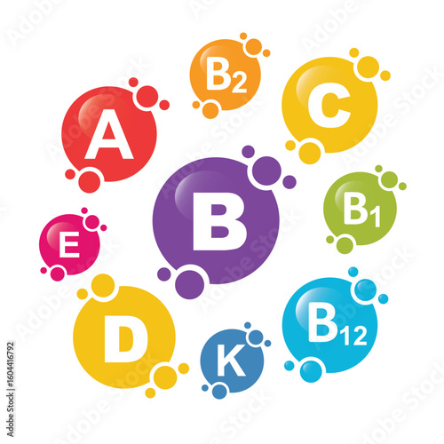 Vitamin B1, B2, B3, B12, C, A, D, E and K vector. Set of Multi Vitamin, complex icons.