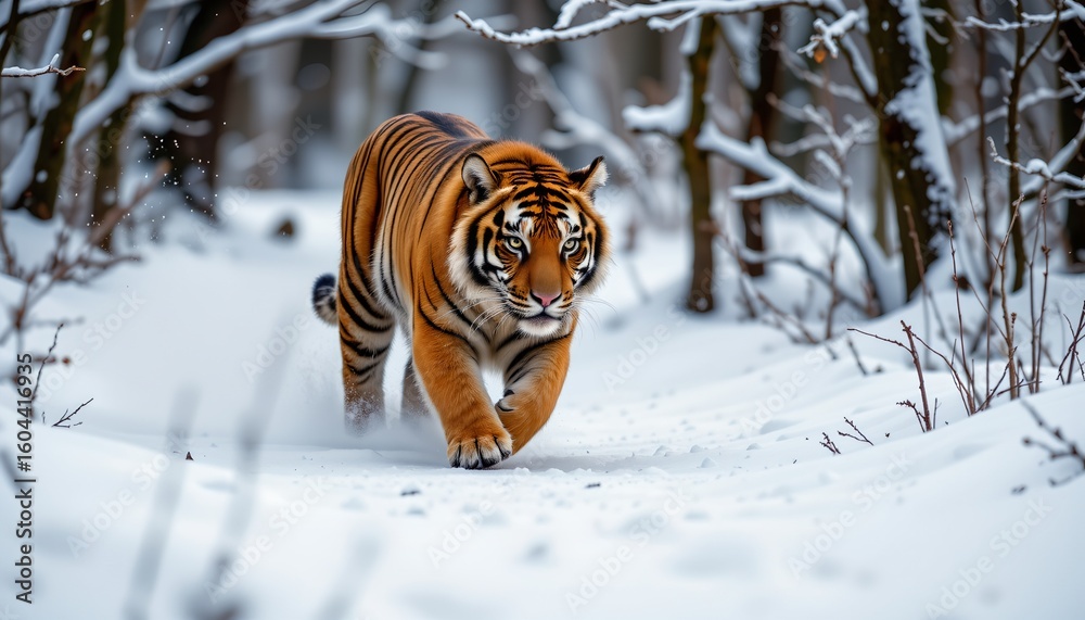 Obraz premium a tiger walking in a snow covered landscape. the tiger's fur is patterned with stripes and it appears to be moving forward