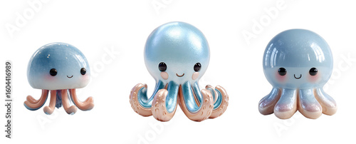 Pack of cute cartoon octopuses with blush cheeks. Adorable plush, kawaii, sea creatures, sweet, animal, soft, cartoon, happy, digital art, playful