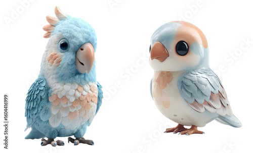 Pack of cute cartoon bird figurines. Adorable, soft, plush, happy, animal, playful, character, pastel colors, art, design, toy
