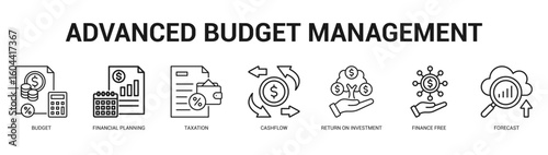 Advanced Budget Management Modern and clean web banner illustration featuring thematic icons for visual communication