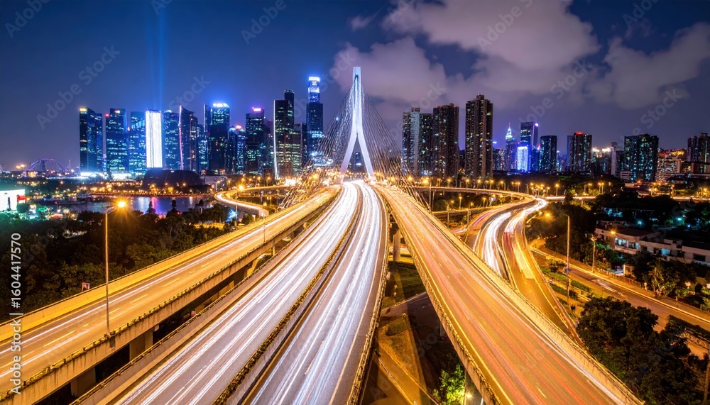 Fototapeta premium Night City Skyline With Illuminated Highway