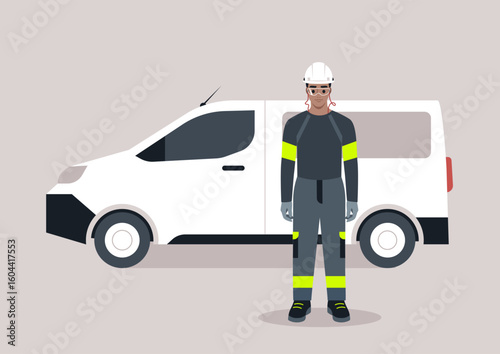 Character in personal protective equipment ready for various tasks in a safe work environment