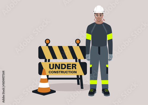 Character in personal protective equipment ready for various tasks in a safe work environment
