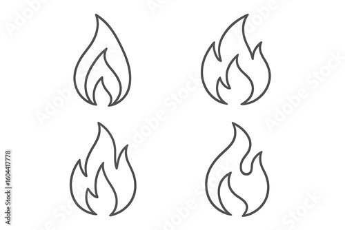 Flame icon set with minimalist fire outline designs. Vector illustration on transparent background. Simple line art symbol for heat, hot, energy, flammable, danger concepts.