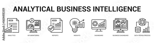 Analytical Business Intelligence Modern and clean web banner illustration featuring thematic icons for visual communication