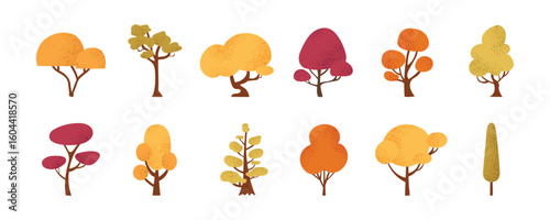 Collection of fall trees on white background. Set of minimalistic trees with different crowns. Elements of nature to create a landscape. Flat vector illustration on white background. Hand-drawn.