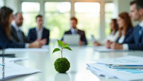 Businesspeople work collaboratively in a modern office, Business team reviews eco-friendly investment reports in meeting room