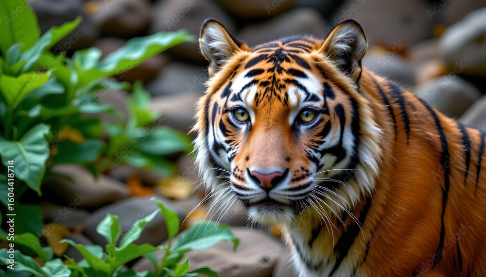 Fototapeta premium a bengal tiger standing in a lush green area with dense foliage, likely a forested environment