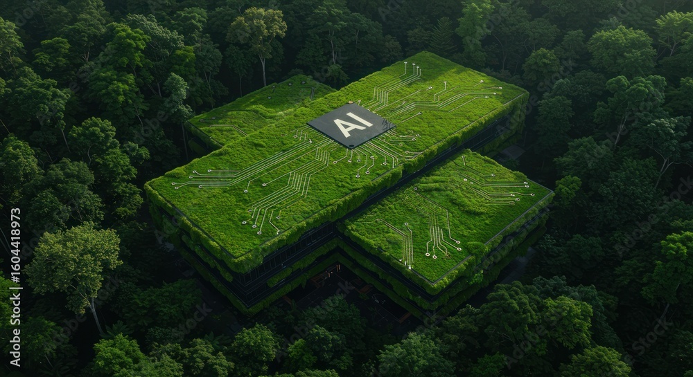Fototapeta premium Green Modern Building with Chip Design Surrounded by Lush Trees