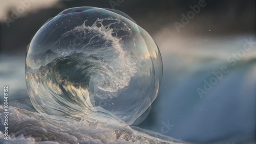 Stunning Ocean Wave Encapsulated in a Soap Bubble Artistic Abstract Nature Scene Captivating Refraction and Reflection of Sunlight on Water Surface Perfect for Commercial Projects and