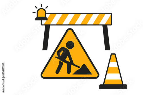 Road work under construction sign set. Safety warning with barrier, traffic cone and digging worker icon. Vector illustration for urban planning, road closed and maintenance.