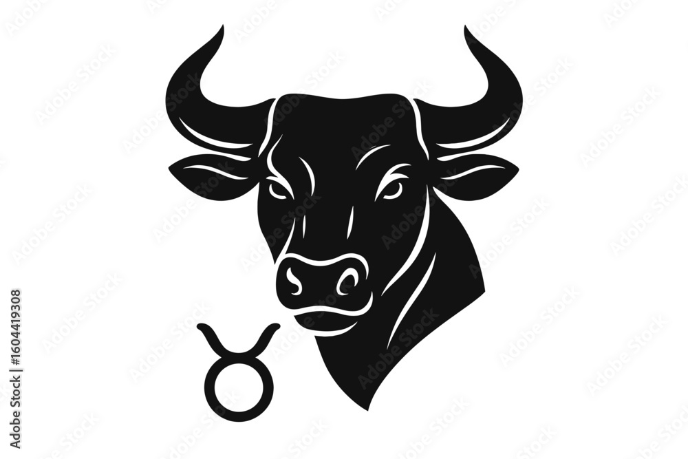 Naklejka premium Taurus zodiac sign vector illustration. Astrology horoscope symbol of a bull head. Black silhouette icon for logo, tattoo, or astrological design. Star sign mythology graphic.