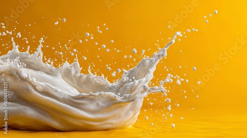 Splash of white liquid over vivid yellow background with high detail motion effect.
