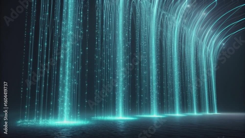 Abstract Digital Waterfall Flowing Light Particles Data Stream Futuristic Technology Background Turquoise Glowing Energy Lines Falling Down Into Water Surface Cyberpunk Aesthetic