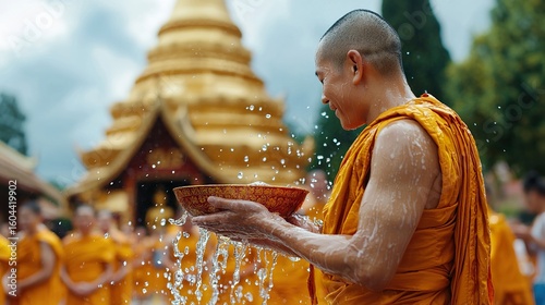 Traditional Songkran celebration in Chiang Mai, monks receiving water blessings at an ancient temple, golden Buddha statues in the background