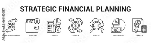 Strategic Financial Planning Modern and clean web banner illustration featuring thematic icons for visual communication